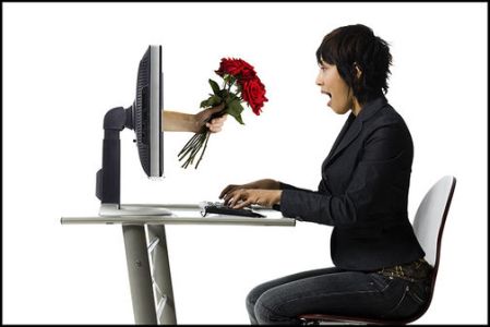 Woman receiving roses online